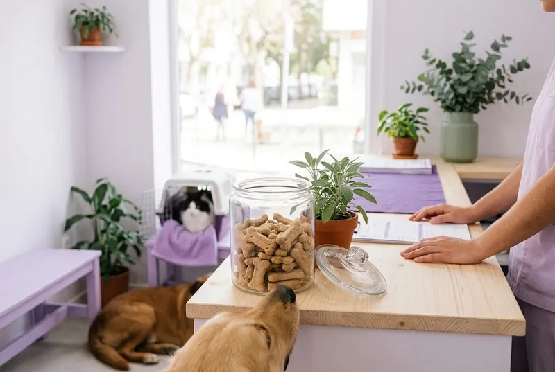 Frasco de vidro com biscoitos para cães no balcão da receção