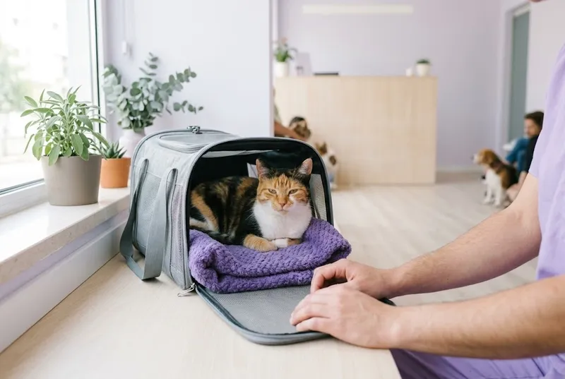 Um gato descontraído dentro da transportadora aberta
