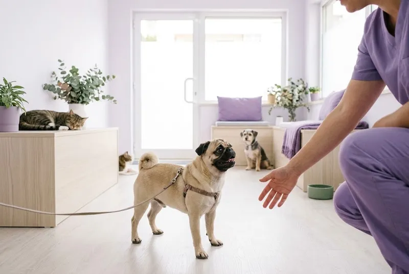 Um pug a cumprimentar a veterinária à porta do consultório