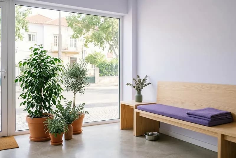 Sala de espera luminosa com plantas e uma taça de água