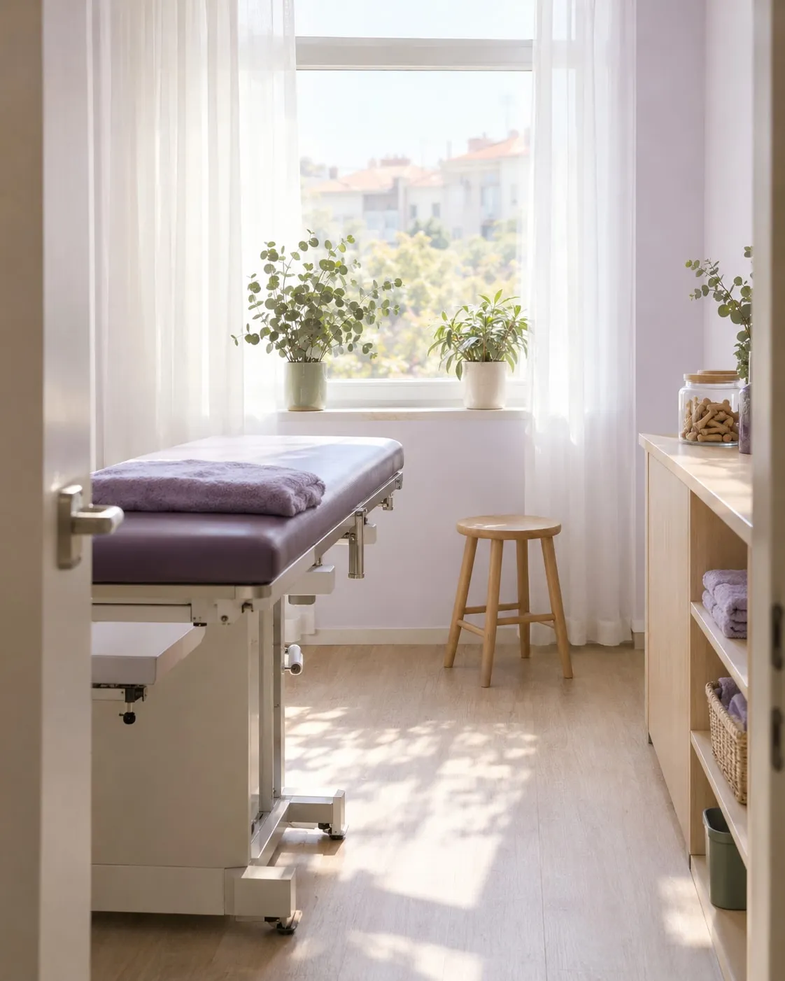 Sala de consulta luminosa e calma, com marquesa almofadada, uma manta violeta e plantas junto à janela