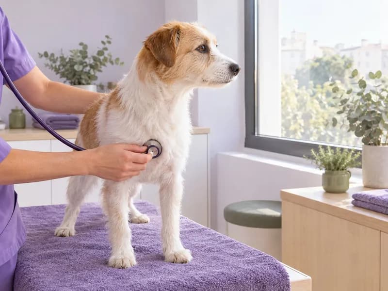 Veterinária a auscultar o coração de um cão pequeno com o estetoscópio